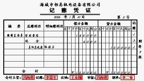 手工记账凭证填写样本图