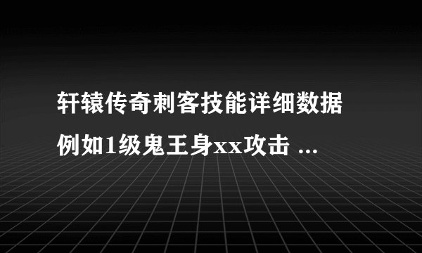 轩辕传奇刺客技能详细数据 例如1级鬼王身xx攻击 2级xx 知道的大虾来 尽量说出全部技能