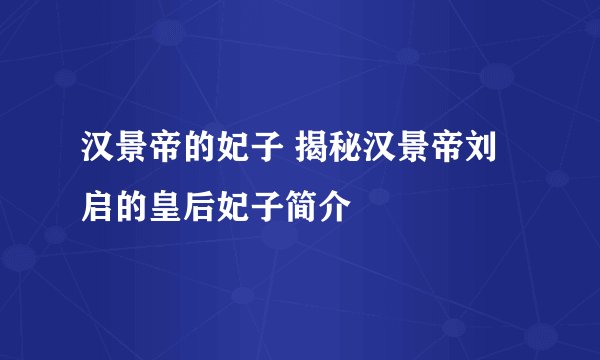 汉景帝的妃子 揭秘汉景帝刘启的皇后妃子简介